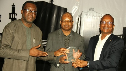 (L-r): Steve Ayorinde, commissioner for Information and Strategy, Lagos State, Engineer Aliyu Abubakar Aziz, director general/CEO of National Identity Management Commission (NIMC) and Mr Shina Badaru, Founder, Technology Times at the unveiling of the award plaque Friday to announce Leo Stan-Ekeh, chairman, Zinox Technologies as Technology Times Person of The Year 2016 at the Technology Times Outlook 2017 cocktail wrapping up the two-day annual summit held at The MUSON Centre in Lagos.